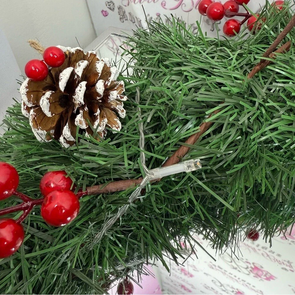 Wreath light up Festive Holiday Wreath acorns Red and Green Plaid Bow lights